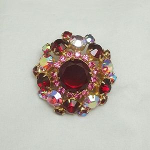 Vintage Red Pink Aurora Borealis Rhinestone Brooch